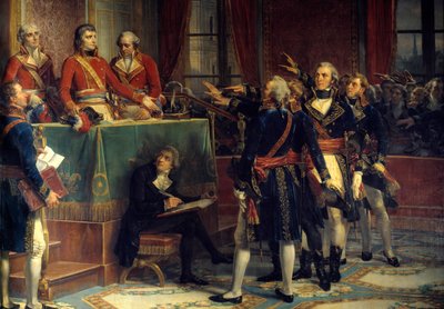 Üç konsolos: Bonaparte, Cambaceres ve Lebrun başkanların yeminlerini alırken Sağda, Emmanuel-Joseph (Emmanuel Joseph) Sieyes (1748-1836) ve Pierre-Roger (Pierre Roger) Ducos (Roger Ducos) (1747-1816). Louis Charles Auguste Coud