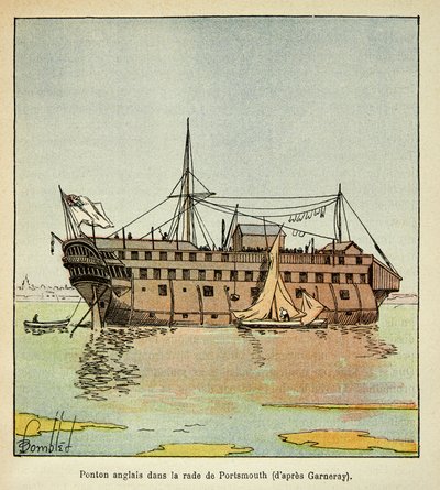 Illustration by Bombled Louis (1862-1927) from the book “The Memorial of Saint Helene” by Count Emmanuel de Las Cases (1766-1842): English Pontoon in the harbour of Portsmouth serving as a prison for the French, Private Collection by Louis Charles Bombled