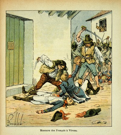 Illustration by Bombled Louis (1862-1927) from the book “The Memorial of Saint Helene” by Count Emmanuel de Las Cases (1766-1842): Massacre of French soldiers in Verona, Private Collection by Louis Charles Bombled