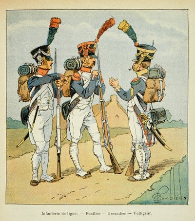 Kont Emmanuel de Las Cases (1766-1842) tarafından yazılan “Saint Helene Anıtı” kitabından Bombled Louis (1862-1927) çizimi: Armee Francaise: Line piyade: fusilier, grenadier ve voltiger, Özel koleksiyon by Louis Charles Bombled
