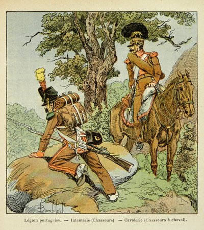 Kont Emmanuel de Las Cases (1766-1842) tarafından yazılan “Saint Helene Anıtı” kitabından Bombled Louis (1862-1927) çizimi: Portekiz Lejyonu: Piyade (avcılar) ve süvari (atlı avcılar), Özel koleksiyon by Louis Charles Bombled