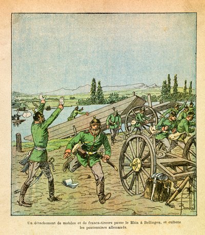 Eugene Çavuş'un Grenest olarak bilinen Doğu Ordusu, Louis Bombled (1862-1927) (Fransız-Alman Savaşı; 1870-1871 seferi) tarafından resmedildi: Bir Fransız müfrezesi ve keskin nişancı Ren'i geçti ve Alman köprü işçilerini sarstı, Özel Koleksiyon by Louis Charles Bombled