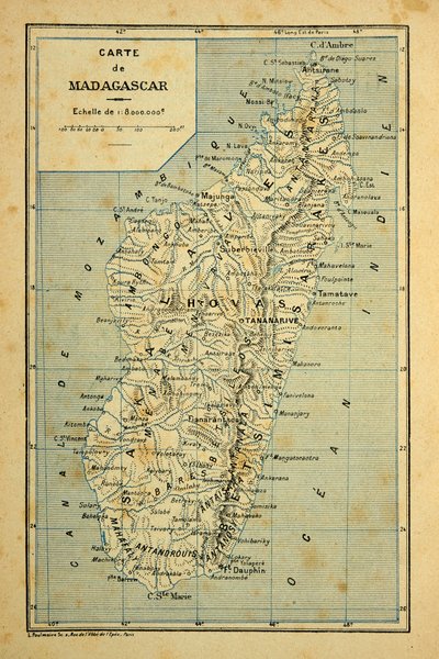 The War in Madagascar-Anecdotal History of the French Expeditions of 1885-1895 by Henri Galli dit Galllichet (1854-1922), illustrated by Louis Bombled (1862-1927): Map of Madagascar, Private Collection by Louis Charles Bombled
