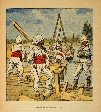 The War in Madagascar-Anecdotal History of the French Expeditions of 1885-1895 by Henri Galli dit Galllichet (1854-1922), illustrated by Louis Bombled (1862-1927): Construction of a bridge by the genie on the Ikopa River in 1895, Private Collection by Louis Charles Bombled