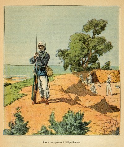 The War in Madagascar-Anecdotal History of the French Expeditions of 1885-1895 by Henri Galli dit Galllichet (1854-1922), illustrated by Louis Bombled (1862-1927): French outpost in Diego-Suarez in Madagascar in 1885, Private Collection by Louis Charles Bombled