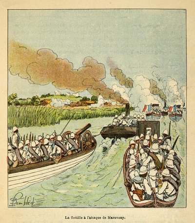 The War in Madagascar-Anecdotal History of the French Expeditions of 1885-1895 by Henri Galli dit Galllichet (1854-1922), illustrated by Louis Bombled (1862-1927): The Marine Infantry attacked the City of Marovoay in 1895, Private Collection by Louis Charles Bombled