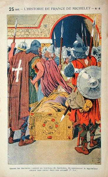 1204 yılında Konstantinopolis'in Haçlılar tarafından alınması sırasında İmparator Justinianus'un (483-565) mumyalanmış cesedinin bulunması, Jules Michelet (1798-1874) tarafından 'Histoire de France'dan örnekleme, c.1900 (renkli taş) by Louis Charles Bombled