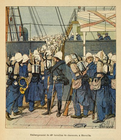 Madagaskar'daki savaş-Henri Galli dit Galllichet (1854-1922) tarafından 1885-1895 Fransız seferlerinin anekdot tarihi, Louis Bombled (1862-1927) tarafından resmedildi: 40. savaş taburunun 1895'te Madasgaskar için Marsilya'ya girişi, Özel kolej by Louis Charles Bombled