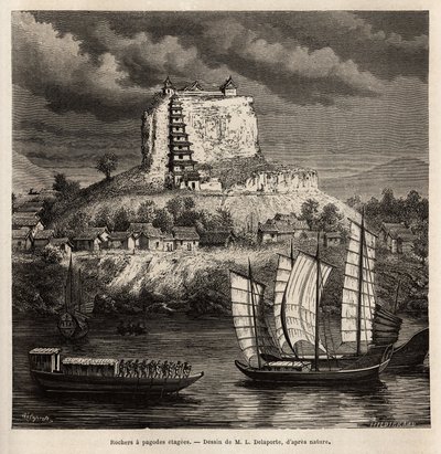 Pagoda sahneleri olan bir kaya ve mavi nehir (Çin) üzerinde çeşitli tekneler, L.Delaporte