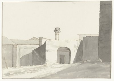 Antieke zuil en gebouwen cenneti van Brindisi Antik Sütunun Uzak Görünümü [Brindisi limanı üzerinden] İtalya, Sicilya ve Malta'da Yolculuk - 1778 (dizi başlığı) by Louis Ducros