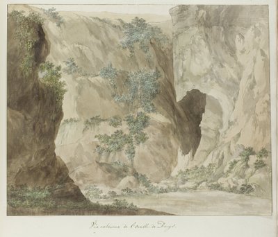 Buitenwand van de grot Dionysius'un kulağı Dionysius'un kulağının dış görünümü (nesne üzerindeki başlık) İtalya, Sicilya ve Malta'da seyahatler - 1778 (dizi başlığı) by Louis Ducros
