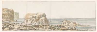 Gezicht op rots losgeraakt van kust inham van Gozo'da Anse'de Calata Dulyra adlı Ghozo kıyısından kopmuş bir kayanın görünümü (nesne üzerindeki başlık) İtalya, Sicilya ve Malta'da Seyahatler - 1778 (dizi başlığı) by Louis Ducros