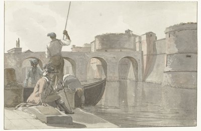Nieuwe vestingsgracht van de vestingwerken Taranto'da Taranto Kalesi'nin Yeni Hendeğinin Görünümü (nesne üzerindeki başlık) İtalya, Sicilya ve Malta'da Seyahatler - 1778 (dizi başlığı) by Louis Ducros