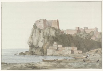 Stad Scilla in de regio Calabrië aan de westkust Rock & City of Scilla in Calabria'da Burps; gün batımı tarafından alınan görünüm (nesne üzerindeki başlık) İtalya, Sicilya ve Malta'da seyahatler - 1778 (dizi başlığı) by Louis Ducros