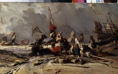 "Fırtınadan Sonra" (Fırtınadan Sonra) Bir balıkçı fırtınadan sonra ailesini bulur. Tablo Louis Gabriel Eugene Isabey (1803-1886) 1869 Dim 36.5x60 cm Ermitaj Müzesi, Sankt Petersburg by Louis Eugene Gabriel Isabey