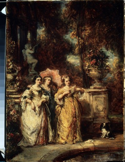 ""La mesire"" (Gezi) Bir parkta iyi bir aileden üç genç kız. Resim Louis Gabriel Eugene Isabey (1803-1886) 1852 Puşkin Müzesi, Moskova by Louis Eugene Gabriel Isabey