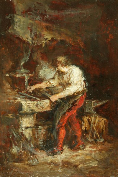 The Smithy (panel üzerine yağ) by Louis Eugene Gabriel Isabey