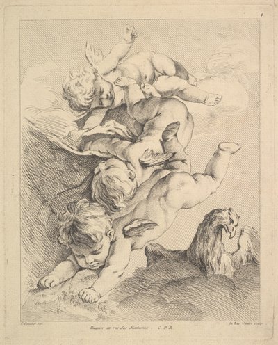 Takla Dönen Üç Aşk Tanrısı, Sağda Bir Kartal. by Louis Felix de la Rue