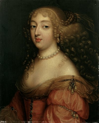 Laura Mancini, Duchesse de Mercoeur olduğu söylenen bir Hanımefendinin Portresi, büstü uzunluğunda, kırmızı elbiseli, inci kolyeli ve küpeli by Louis Ferdinand Elle