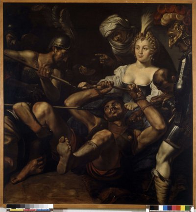 Samson ve Dalila: Dalila saçını keserken Samson gücünü kaybeder (tuval üzerine yağlı boya) by Louis Finsonius or Finson