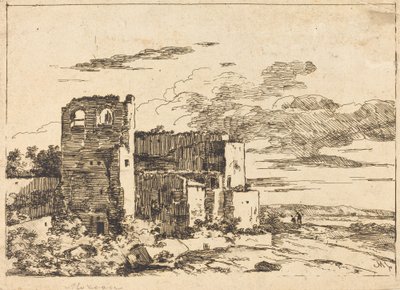 Nehir kıyısındaki yıkık binalar by Louis Gabriel Moreau the Elder