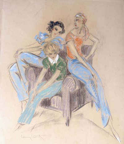 Bir Koltukta Oturan Üç Kız by Louis Icart