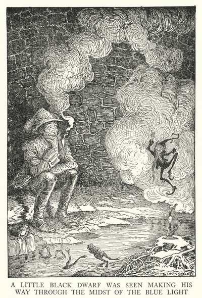Küçük bir siyah cüce mavi ışığın ortasından geçerken görüldü (lito) by Louis John Rhead