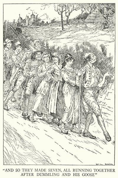 "Ve böylece yedi tane yaptılar, hep birlikte Dummling ve kazının peşinden koştular" (lito) by Louis John Rhead