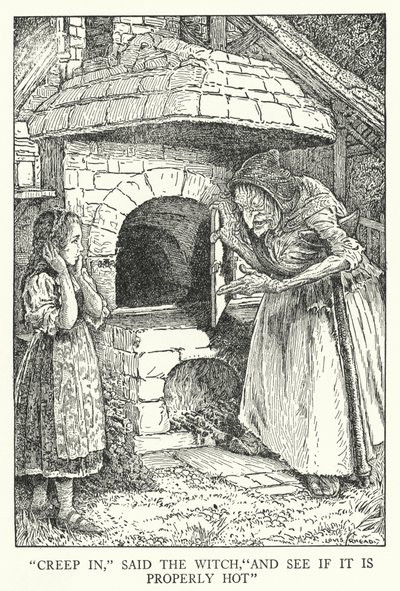 "İçeri gir," dedi cadı, "Ve uygun şekilde sıcak olup olmadığına bak" (lito) by Louis John Rhead