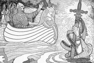 Gölün Hanımı'nın temsili (ücretli viviane), Kral Arthur'a epe Excalibur'u veren Arthur efsanelerinin karakteri (Arthur efsanesi: Gölün Hanımı (Nimue, Viviane) Kral Arthur'a kılıcı Excalibur'u veriyor) Louis Rhead'in İllüstrasyonu (1 by Louis John Rhead