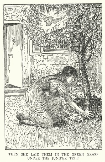 Onları ardıç ağacının (litho) altındaki yeşil çimenlere koydu. by Louis John Rhead