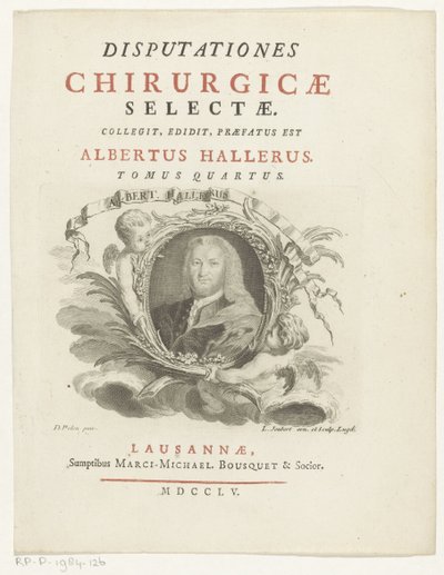 Portret van Albrecht von Haller Albert Hallerus (nesne üzerindeki başlık) Başlık sayfası: Albrecht von Haller, Disputationes selectaecerrahi, 1755 by Louis Joubert
