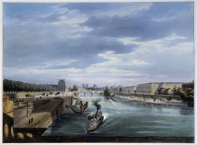 Carrousel köprüsü ve buharlı tekne - Arnout tarafından “” Paris en 1837 ”de by Louis Jules Arnout