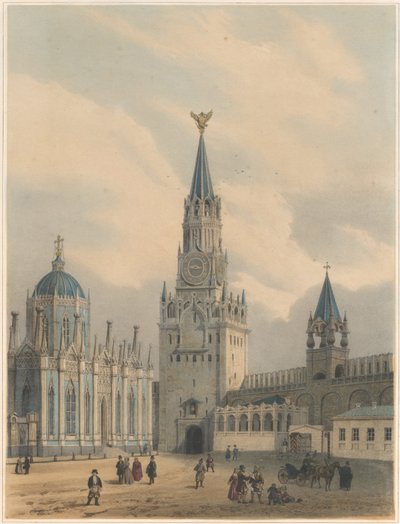 Moskova Kr içinde Spasskaya Kulesi Kurtarıcı Kapıları ve Yükseliş Manastırı Saint Catherine Kilisesi by Louis Jules Arnout