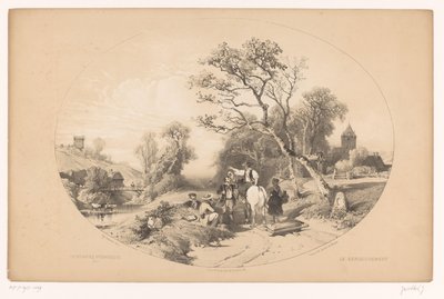 Binici yol boyunca bilgi ister Le renseignement (nesne üzerindeki başlık) Pitoresk yürüyüşler (dizi adı) Gezinti yerleri pitoresk (nesne üzerinde seri başlığı) by Louis Julien Jacottet