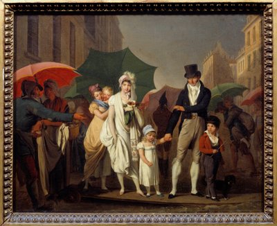 Burjuva duşları, Paris Premier Empire tarzında kendini yağmurdan koruyor. Louis leopold Boilly'nin (1761-1845) 19. yüzyıl Güneşi tablosu. 0,32x0,4 m - Sağanak. Parisli burjuvalar Birinci İmparatorluk tarzında giyinip kendilerini koruyorlar. by Louis Leopold Boilly