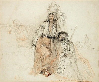 Bohemyalılara ve Eşkıyalara Erzak Getiren Kadın (kağıt üzerinde kurşun kalem ve kırmızı tebeşir) by Louis Leopold Robert