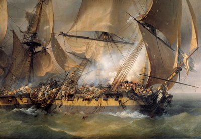 Fransız fırkateyni La Bayonnaise”” ile İngiliz fırkateyni “” L'Ambuscade”” arasında 14 Aralık'ta savaş by Louis Philippe Crepin