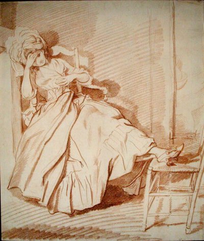 Uyuyan Kızın Çalışması (kağıt üzerinde kırmızı tebeşir) by Louis Rolland Trinquesse