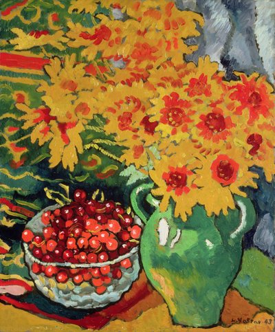 Sarı Çiçekler ve Bir Kase Kiraz by Louis Valtat