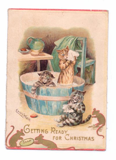 İki fare bir kalıp sabunla oynarken küvette iki kedinin bulunduğu Viktorya dönemine ait bir Noel kartı, 1880 dolayları by Louis Wain