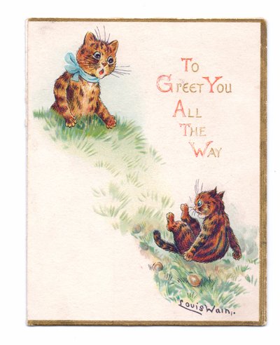 Biri takla atan ve diğeri şaşırmış görünen iki kediden oluşan Viktorya dönemine ait bir tebrik kartı, 1880 dolayları by Louis Wain