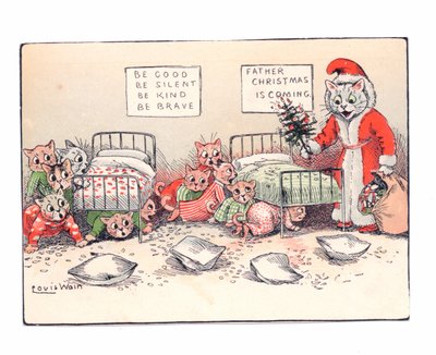 Noel Baba kostümü giymiş bir kediyi görünce korkudan sinmiş yavru kedilerden oluşan Viktorya dönemine ait bir tebrik kartı, 1880 dolayları by Louis Wain