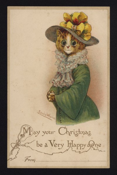 Bir kadının şapkası ve paltosu giyen kedi, Noel tebrik kartı (chromolitho) by Louis Wain