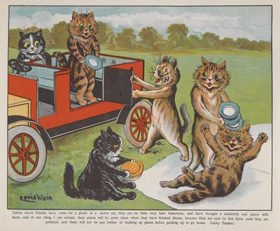 Kediler pikniğe hazırlanıyor. by Louis Wain