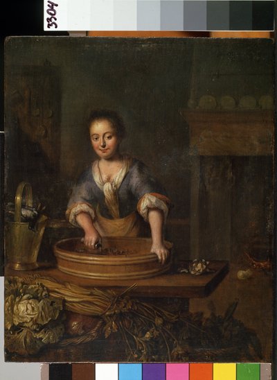 ""Aşçı"" (Aşçı) Bir kır mutfağında lahana hazırlayan genç bir aşçı. Resim Louis de Moni (1698-1771) Mikalojus Konstantinas Ciurlionis Güzel Sanatlar Müzesi, Kaunas, Litvanya by Louis de Moni