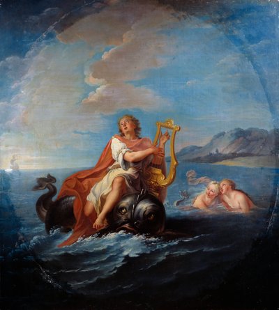 Arion lir çalıyor. Arion de Methymne, MÖ 7. yüzyıldan kalma bir Yunan şairidir. Louis De Silvestre