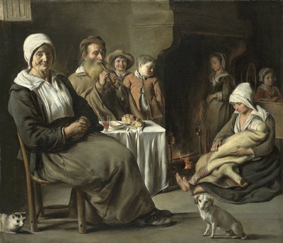 Eski bir Flüt Çalan ile Köylü İçişleri by Louis le Nain