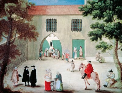 Port-Royal des Champes manastırının önünde yoksullara yardım etmek, Louise-Magdeleine Hortemels (1688-1767), guaj boya, Fransa by Louise Magdeleine Hortemels