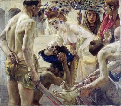 Salome. İncil kahramanı, dans kostümü içindeki Vaftizci Yahya'nın başını bir tepside alır ve Hirodes ona cazibesi için bir ödül olarak sunar. Lovis Corinth'in (1858-1925) tablosu, tuval üzerine yağlı boya by Lovis (1858 1925) Corinth